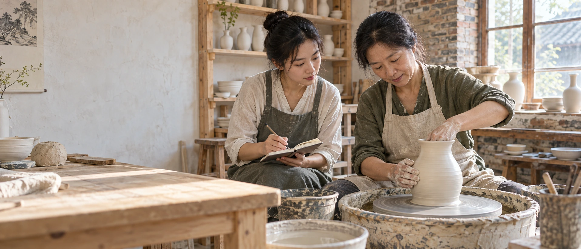景德镇陶瓷工坊中，两位女性一边拉坯、一边记录手艺。