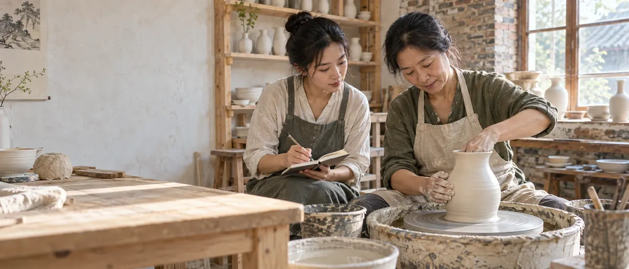 陶艺工作室的原始图片素材，两人在制作和记录陶器